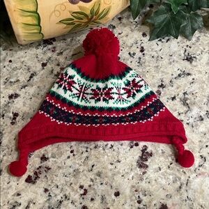 Festive Red Hand Knitted Pom-Pom Hat for Kids w ear flaps /New Fair Isle Beanie